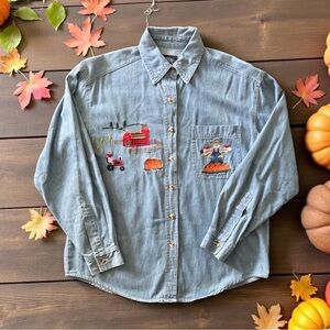 VINTAGE 90s Solutions chambray button down long sleeve fall/autumn theme Med P
